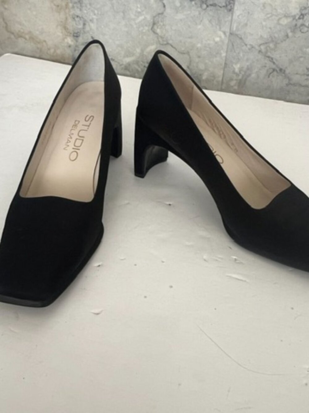 Vintage Studio Delman Black Square Toe Block Heel Pumps